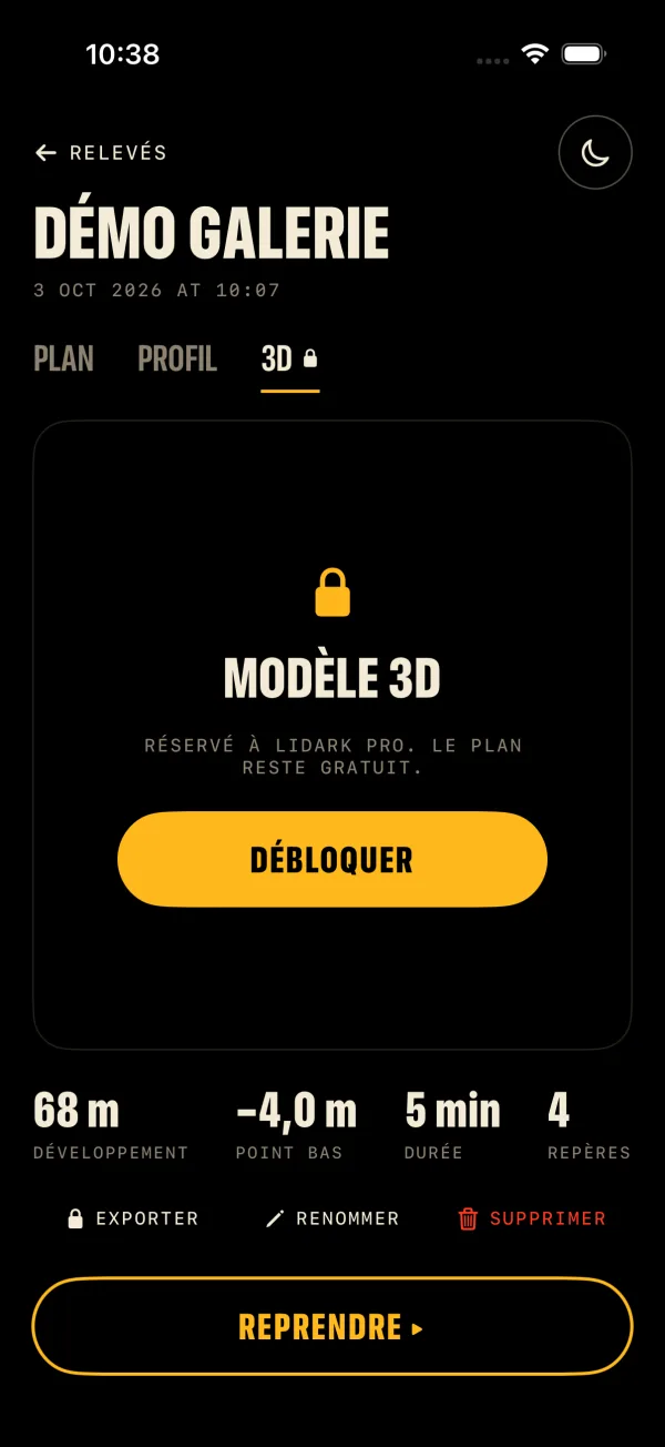 A Lidark survey page: plan, profile and 3D tabs, 68 m of development, lowest point at minus 4 m, duration and landmarks